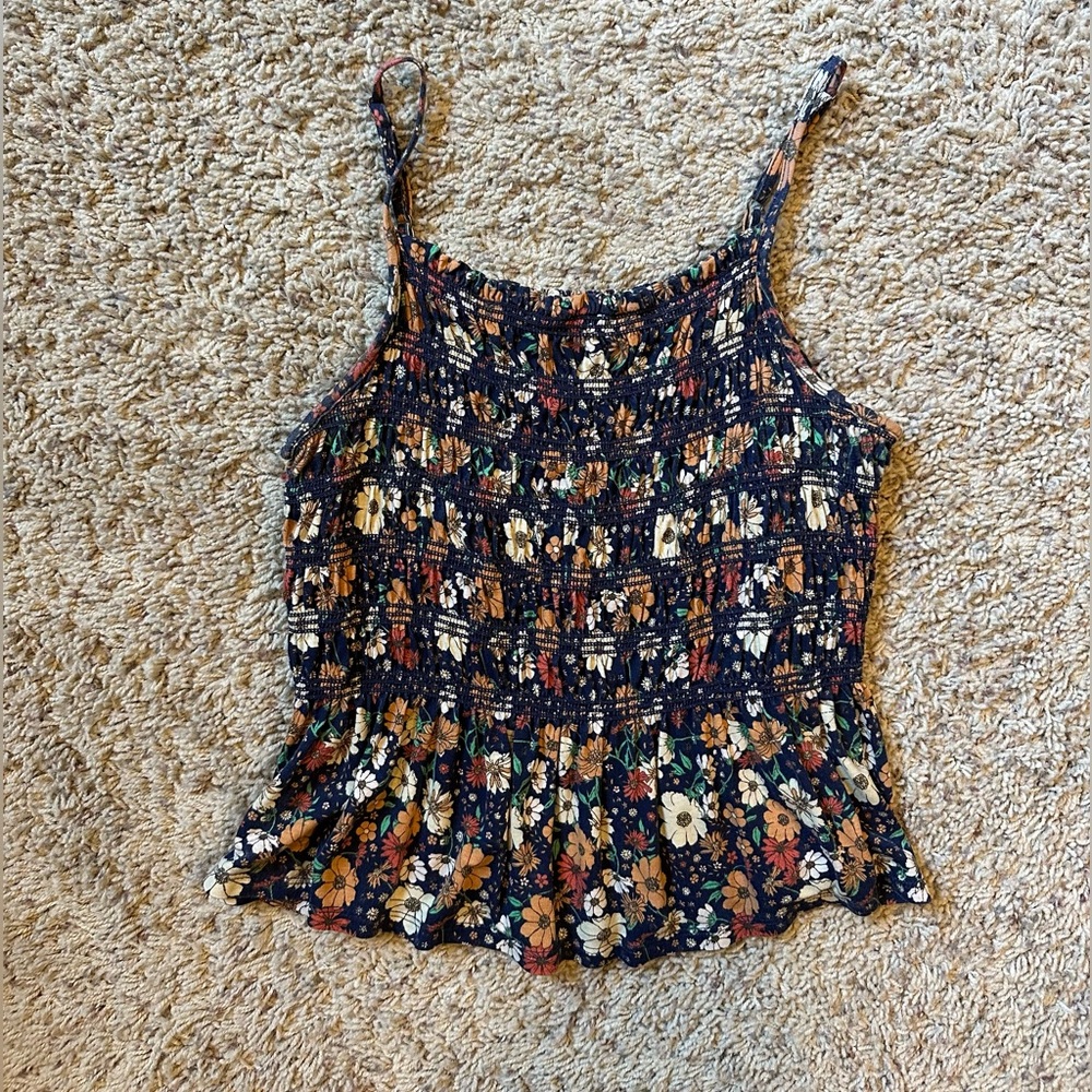 SO Juniors Smocked  Navy Floral Camisole Top S